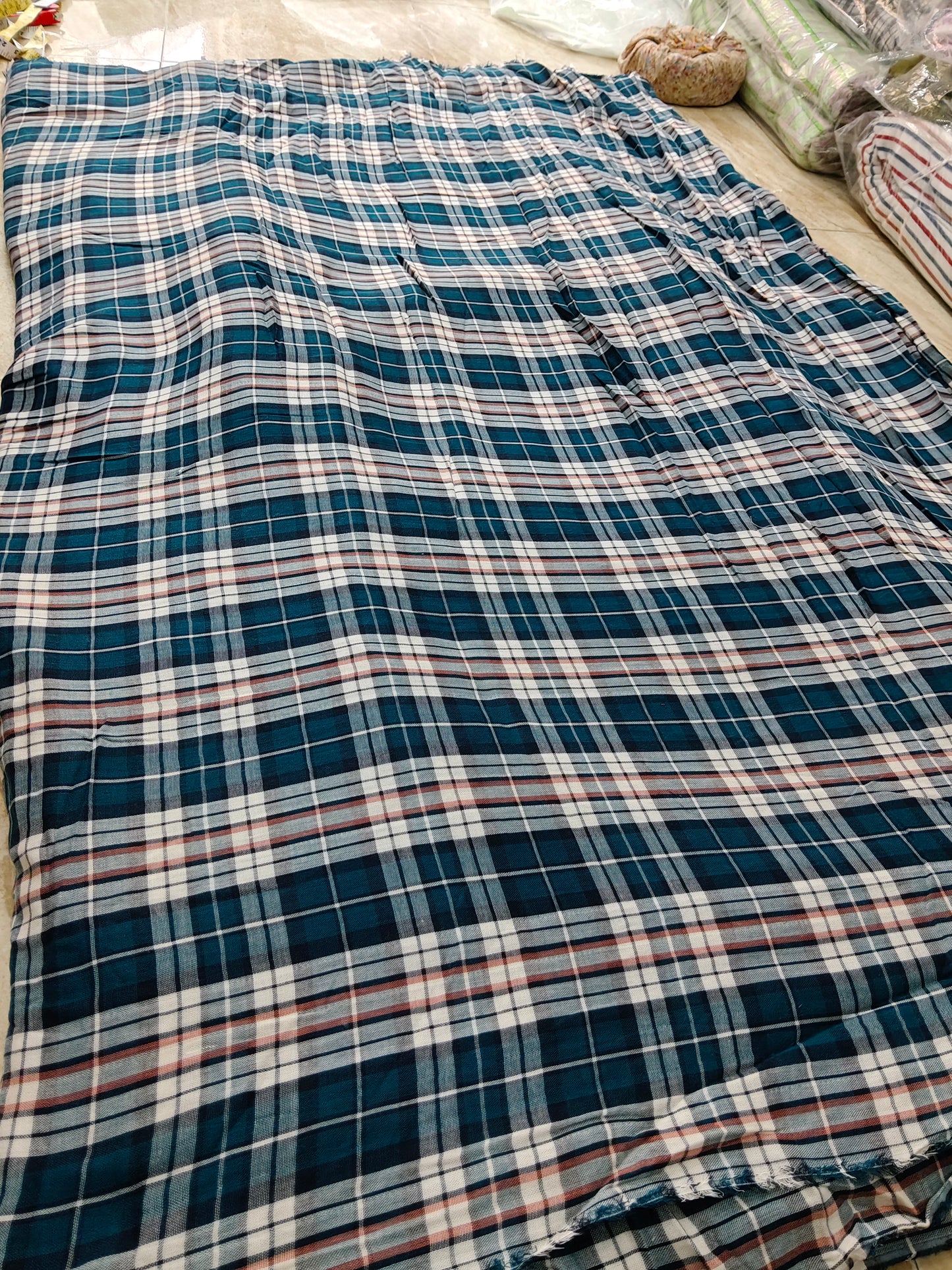 Buy Muslin Double Cloth Tartan Multi Colour Teal Green Check Print Fabric