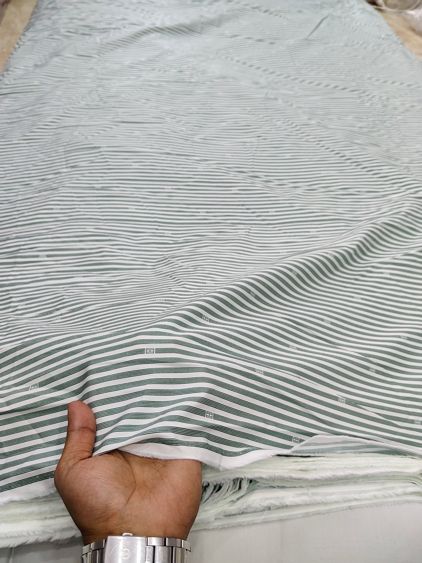 Buy Cotton Mill Made Green Micro-Geometric Motif Print Over Horizontal Stripes Fabric