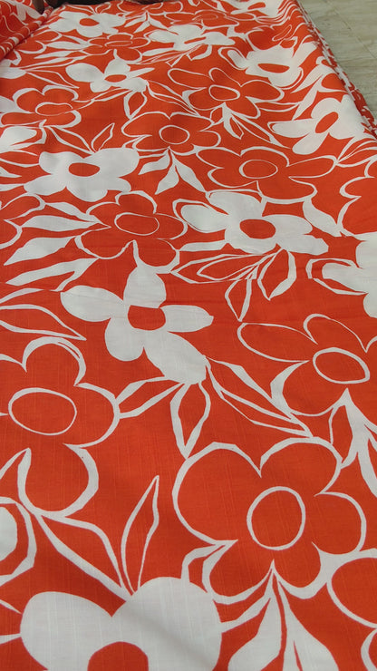 Buy Viscose Orange Vintage Bold Floral Slub Print Fabric