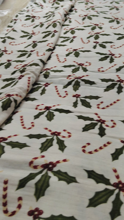 Buy Cotton Muslin Double Cloth Christmas Holly And Berries Print Fabric