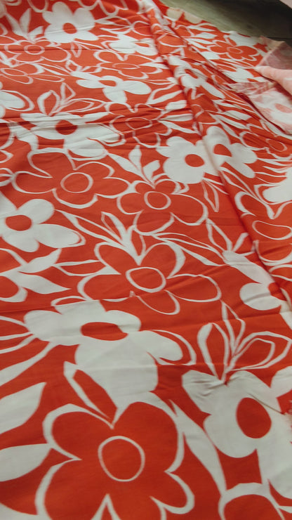 Buy Viscose Orange Vintage Bold Floral Slub Print Fabric