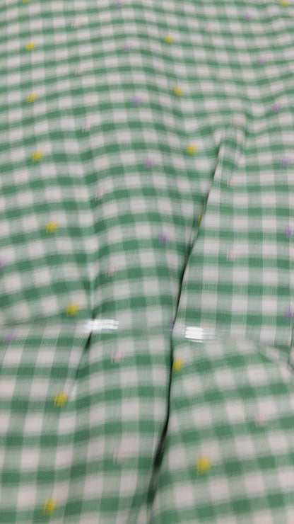 Buy Cotton Yarn Dyed Green Embroidered Gingham Check Fabric