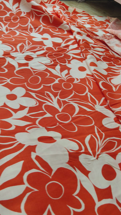Buy Viscose Orange Vintage Bold Floral Slub Print Fabric