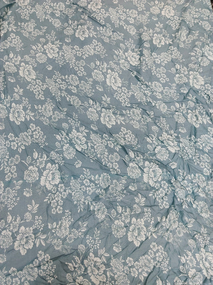 Buy Moss Rayon Slate Dusty Blue White Monochrome Floral Design Print Fabric