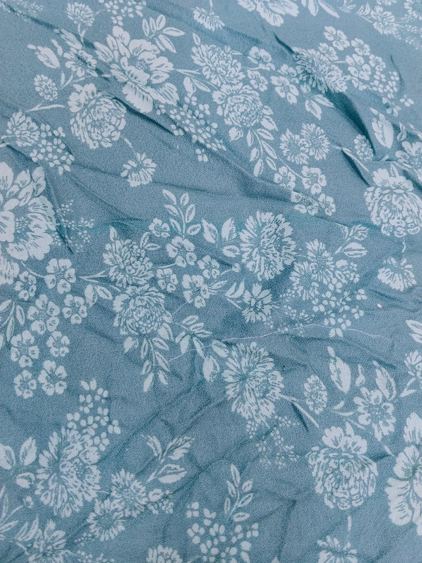 Buy Moss Rayon Slate Dusty Blue White Monochrome Floral Design Print Fabric