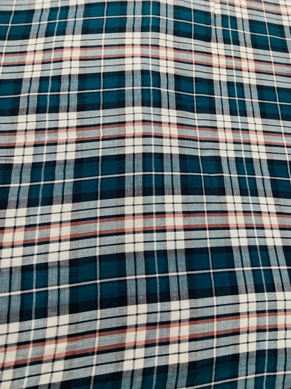 Buy Muslin Double Cloth Tartan Multi Colour Teal Green Check Print Fabric