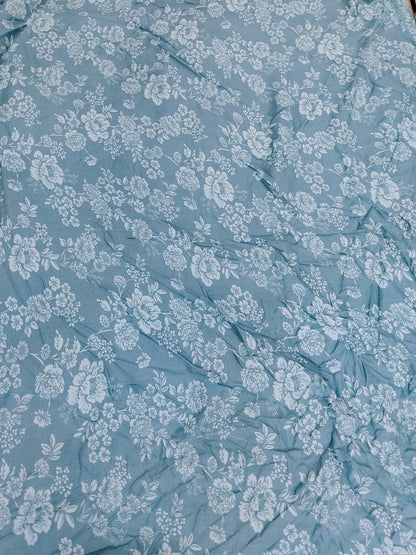 Buy Moss Rayon Slate Dusty Blue White Monochrome Floral Design Print Fabric