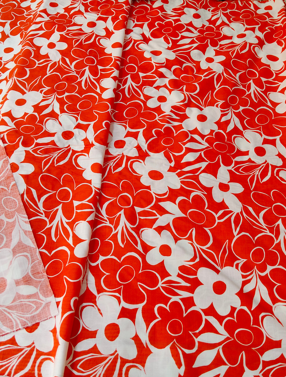 Buy Viscose Orange Vintage Bold Floral Slub Print Fabric