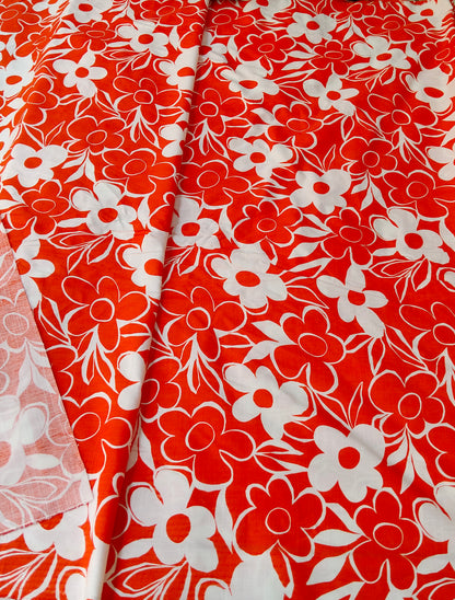 Buy Viscose Orange Vintage Bold Floral Slub Print Fabric