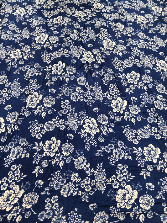 Buy Moss Rayon Navy Blue Floral Print Fabric