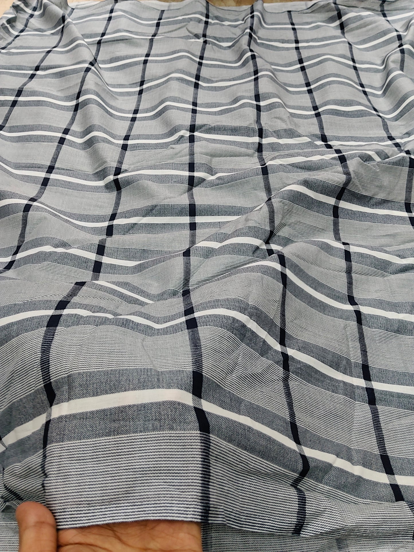 Buy Cotton Grey Multi Line Stripe Check Print Fabric