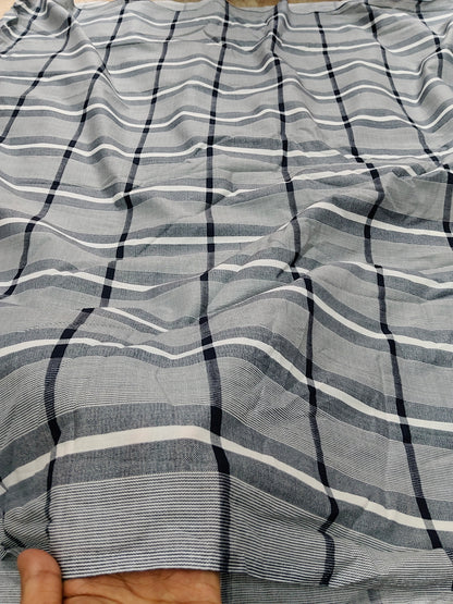 Buy Cotton Grey Multi Line Stripe Check Print Fabric